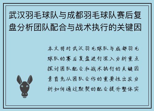 武汉羽毛球队与成都羽毛球队赛后复盘分析团队配合与战术执行的关键因素